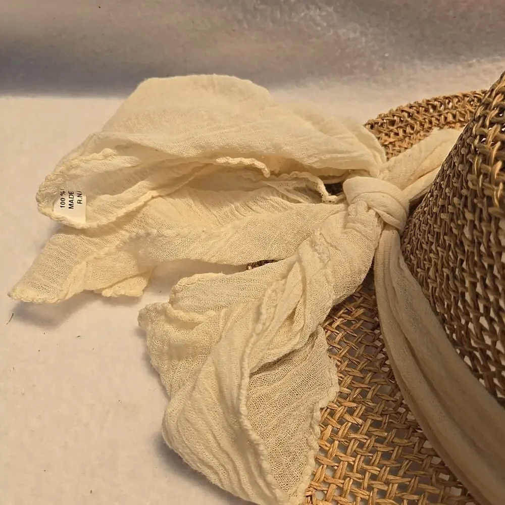 Vintage Woven Straw Hat OS Womens Ivory Natural Bow In Back - Picture 3 of 4
